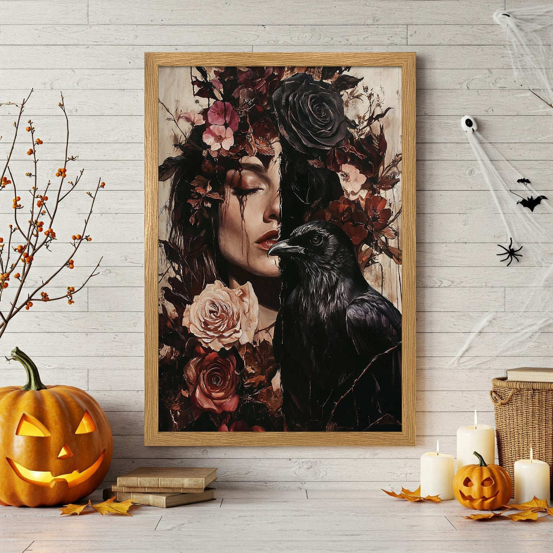 Framed Poster of woman with raven, dark floral art, moody color palette, perfect Halloween decor.