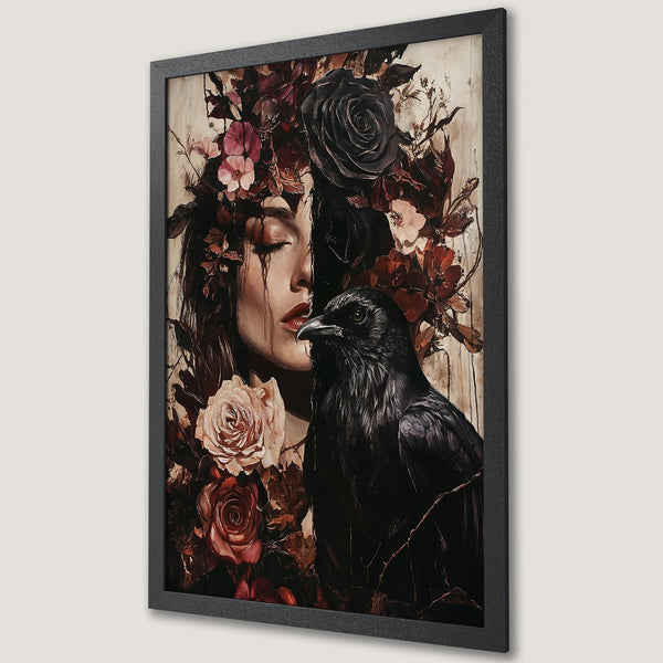 Framed Poster featuring a woman with flowers and a raven, in a dark, gothic style with a moody, burgundy and cream color palette.