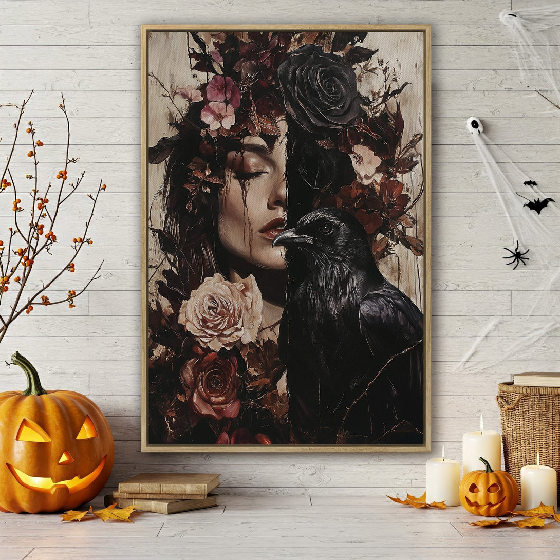 Framed Wall Art featuring a gothic woman with a raven, floral crown, and dark red color palette. Perfect for Halloween decor!