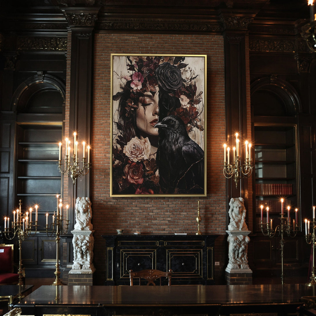 Canvas Print: Gothic woman with raven art. Dark, moody color palette of burgundy, black, and cream. Perfect for Halloween decor.