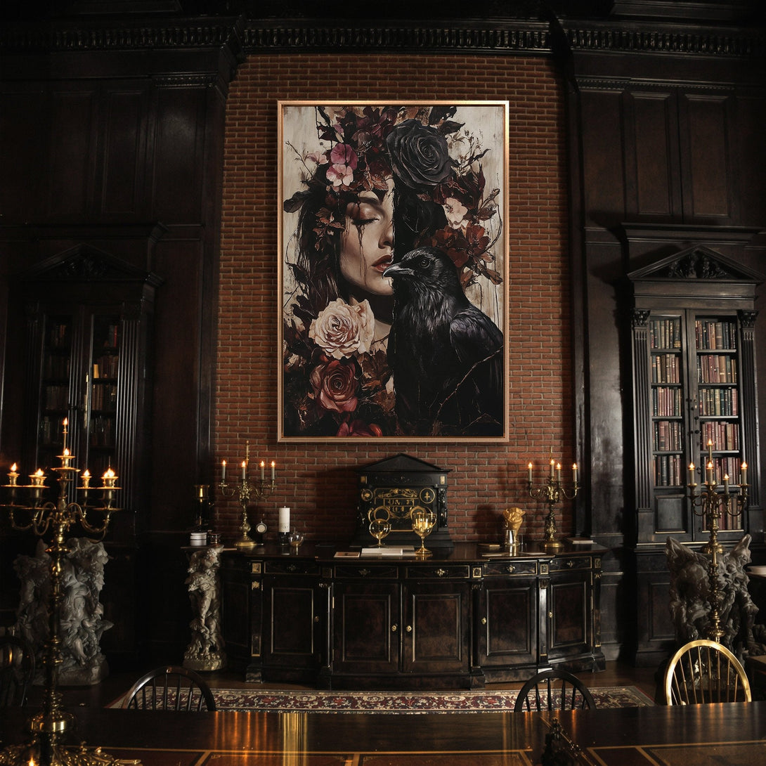 Framed Wall Art featuring a gothic woman with a raven, in a dark, moody color palette. Perfect for adding a touch of mystery to your home decor.