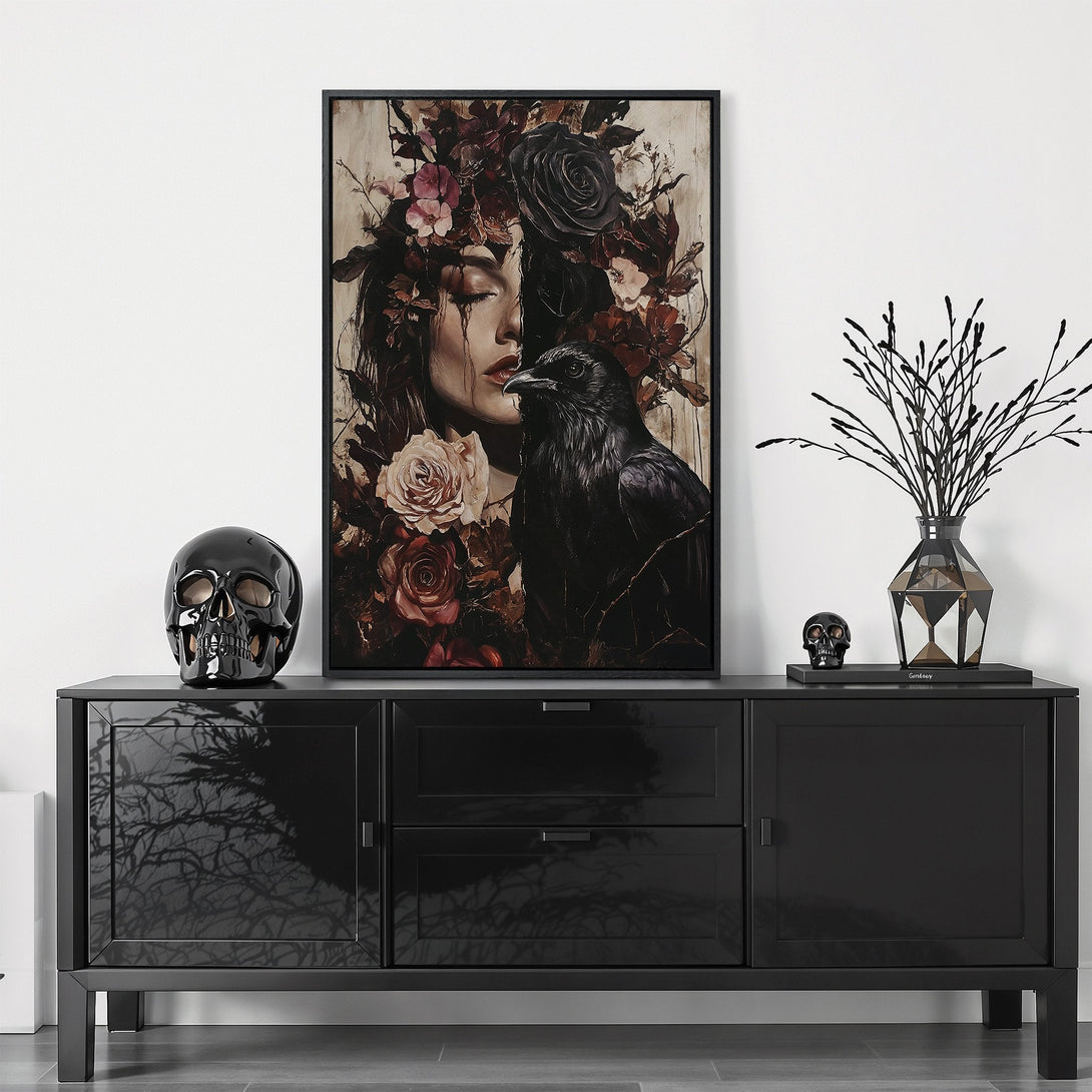 Framed Wall Art: Dark, gothic-inspired portrait of a woman with a raven, featuring a moody color palette. Perfect for adding a touch of drama to any space.