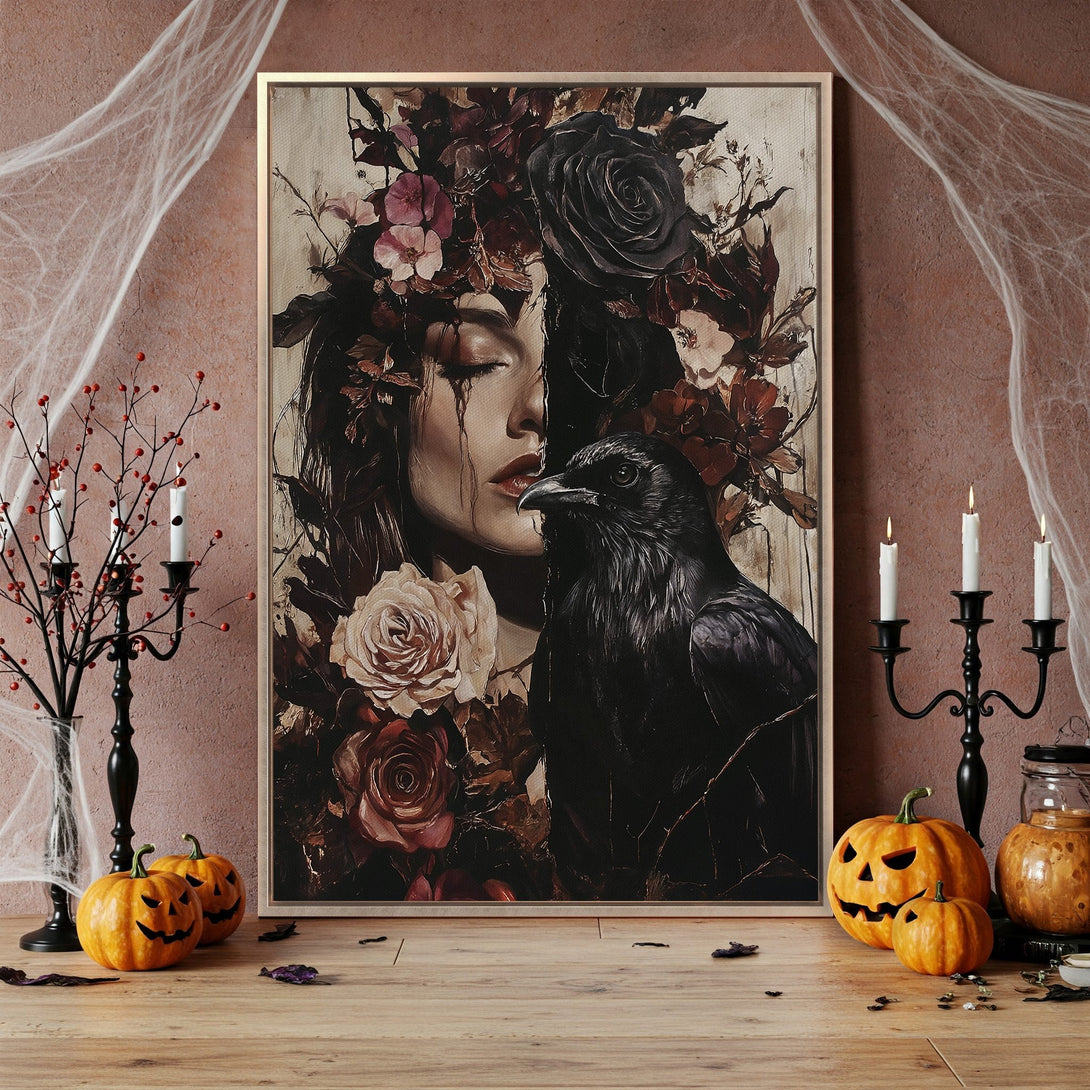 Framed Wall Art: Dark, gothic portrait of a woman with a raven, in a moody, floral, and red-toned color palette. Perfect Halloween decor!