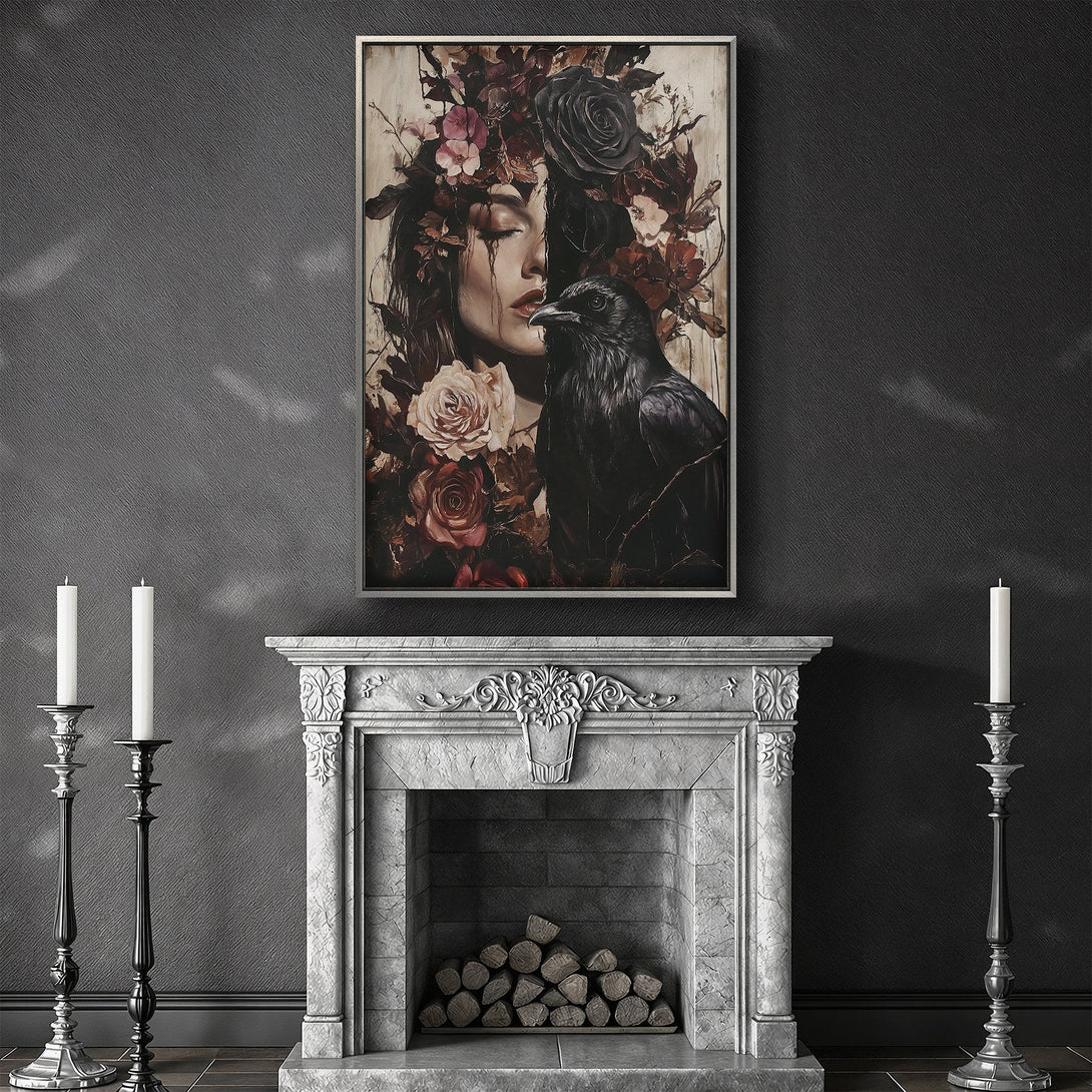 Framed Wall Art: Gothic portrait of a woman with a raven, dark floral accents, and a moody, sepia-toned color palette. Perfect for adding drama to your space.