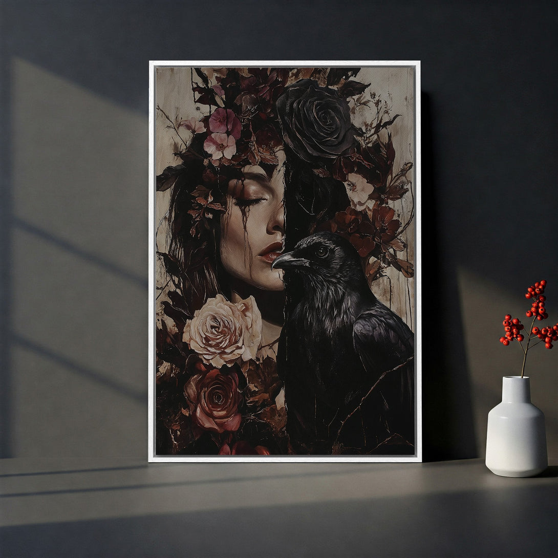 Framed Wall Art: Dark floral portrait with raven. Moody, gothic style in burgundy and black. Perfect for adding a touch of mystery to your home decor.