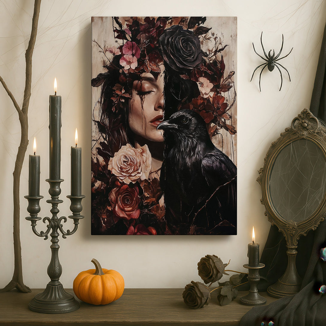 Framed Wall Art: Gothic portrait of woman and raven. Dark, moody art with a rich, burgundy and black color palette. Perfect for adding drama to your space.