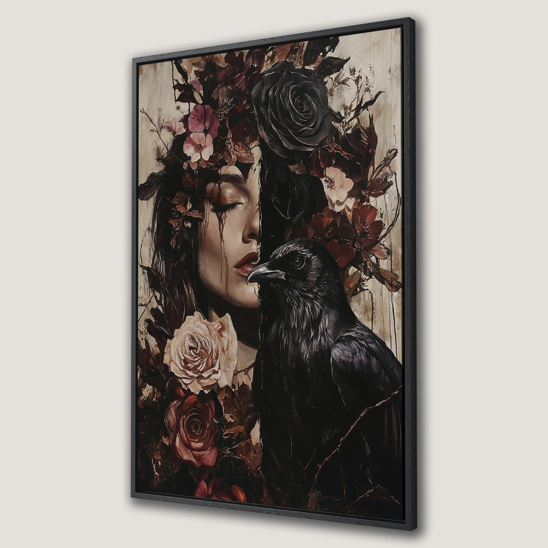 Framed Wall Art: Gothic portrait of a woman with a raven, floral crown. Dark, moody color palette with black, burgundy, and cream tones. Perfect for a unique home decor statement.