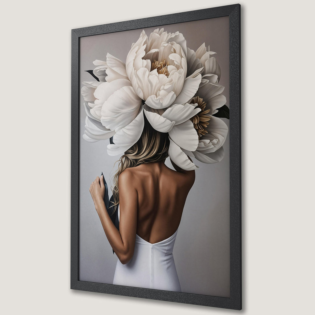 Framed Poster featuring a woman with a flower headpiece, elegant style, neutral color palette. Perfect wall art for your home.
