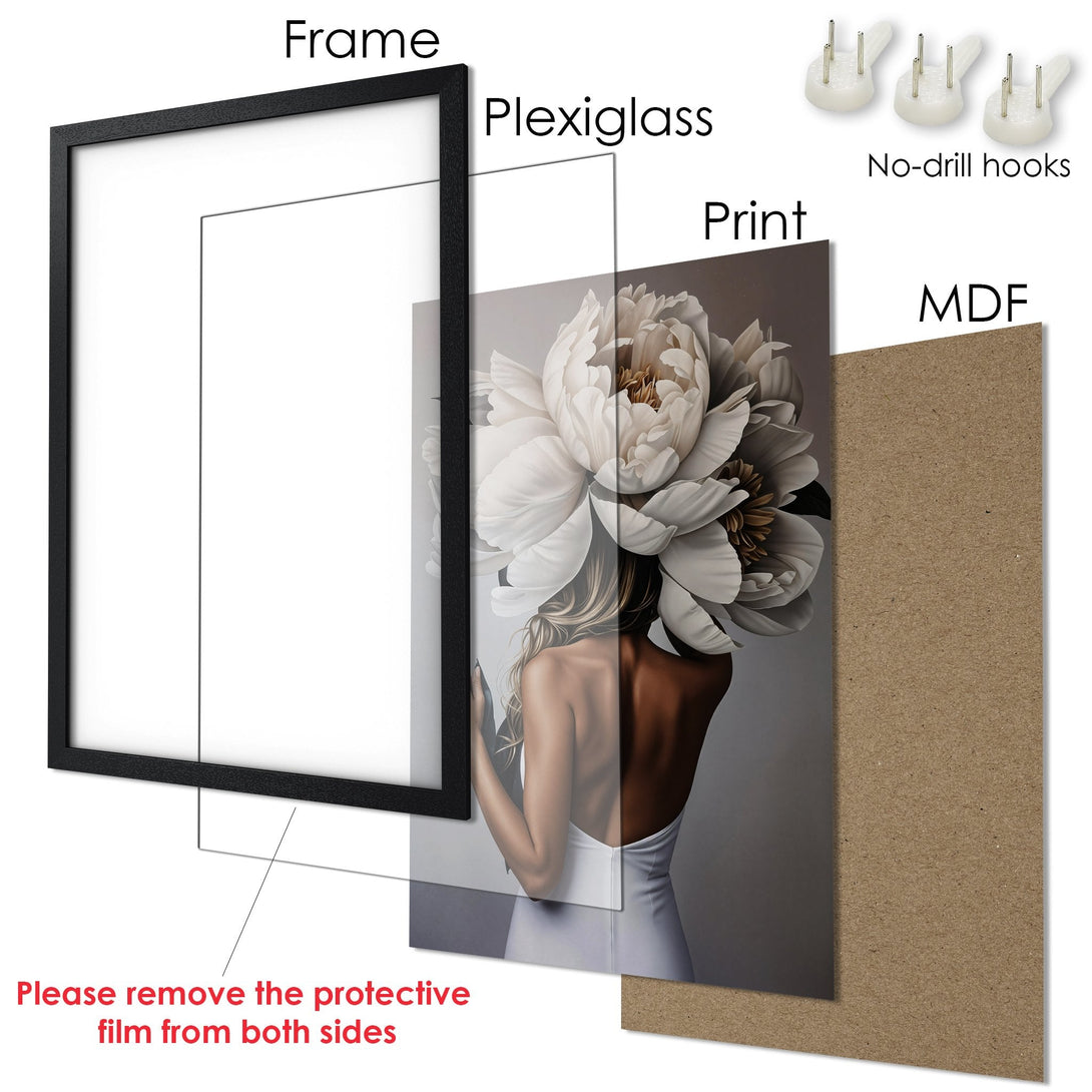 Framed Poster featuring a woman with flower headpiece, neutral tones. Elegant art print for your home decor.