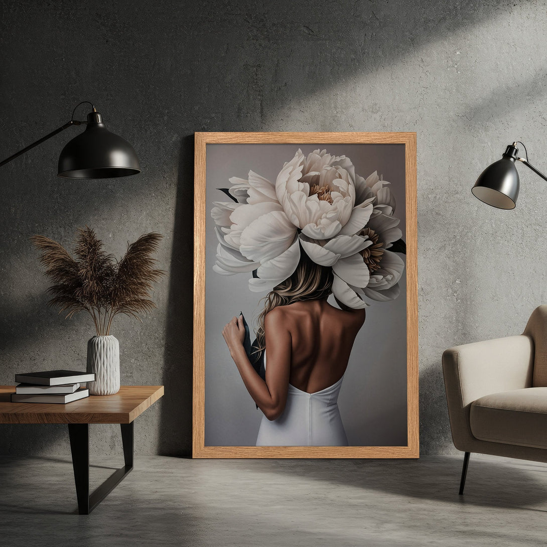 Framed Poster featuring a woman with flower headpiece, modern art style, neutral color palette. Elevate your space with this stunning art print!