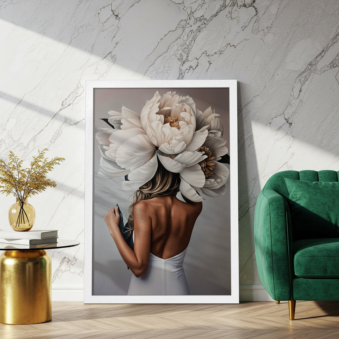 Framed Poster featuring a woman with floral headpiece, elegant style, neutral & white color palette. Perfect wall art!