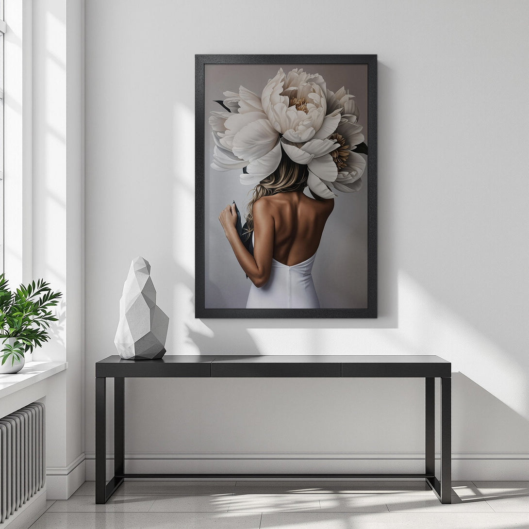 Framed Poster featuring a woman with flower head, minimalist style, neutral color palette. Perfect wall art for modern decor.
