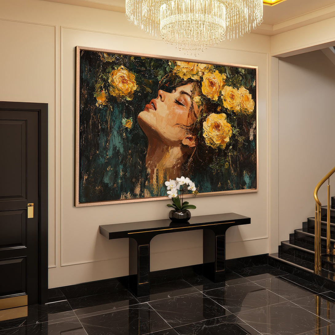 Framed Wall Art: Elegant portrait of a woman with yellow roses, displayed in a luxury interior. Featuring a teal and gold color palette.