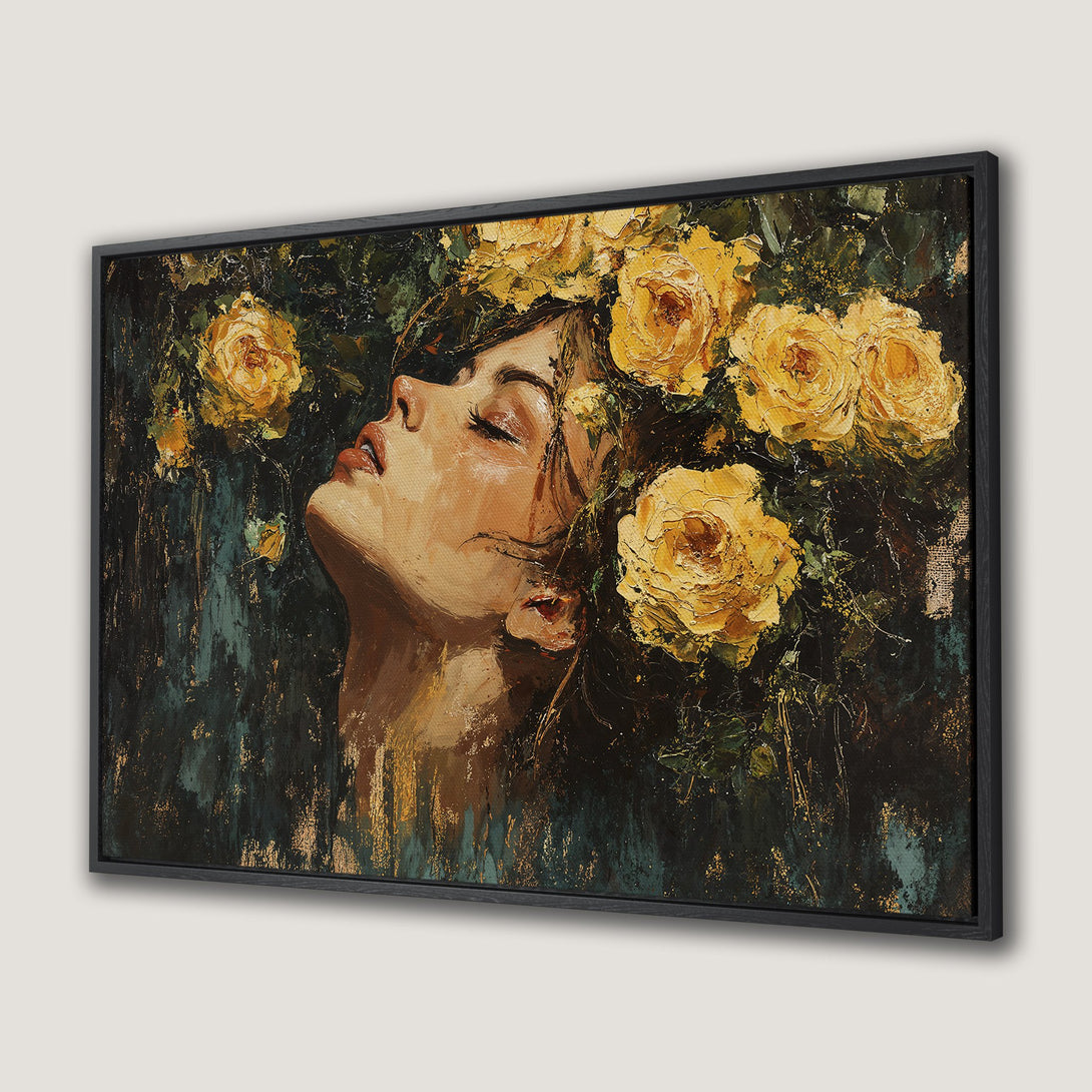 Framed Wall Art: Woman with yellow roses, oil painting style, dark teal and gold color palette. Perfect for adding elegance to any room.