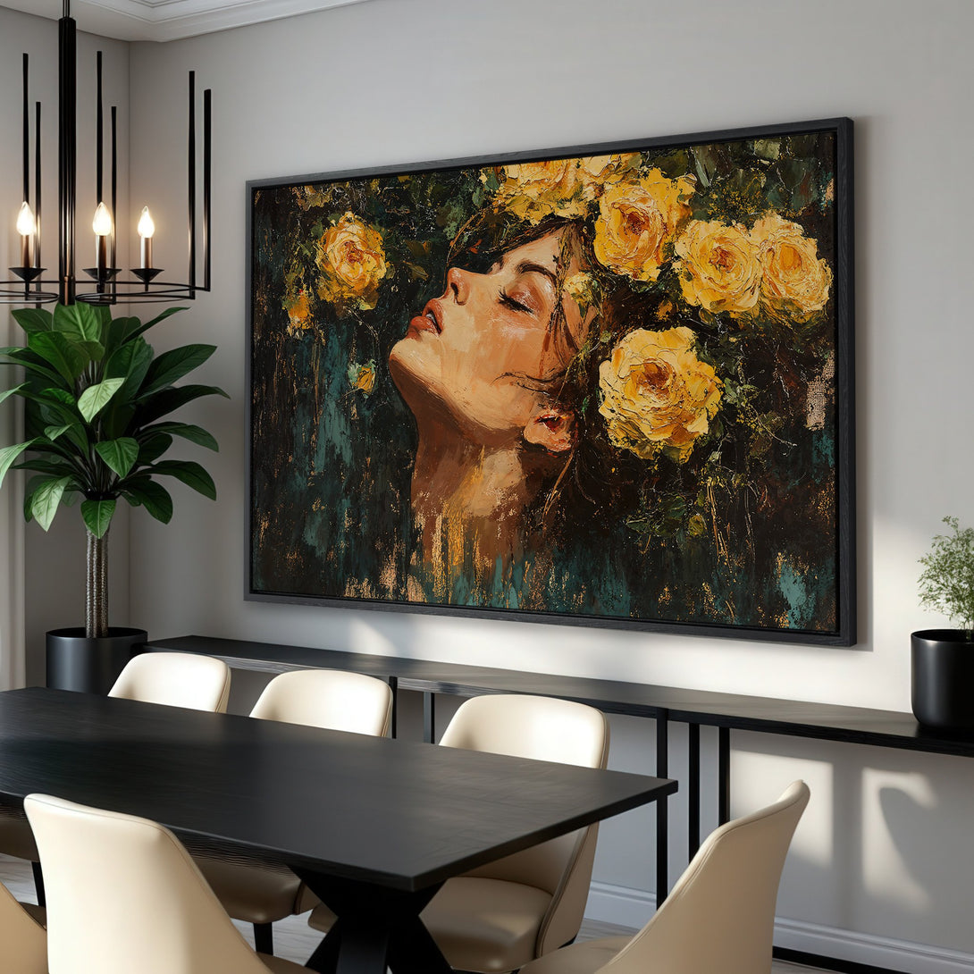 Framed Wall Art: Woman with yellow roses, oil painting style. Dramatic canvas print with teal, gold, and earth tone color palette. Perfect for dining room decor.