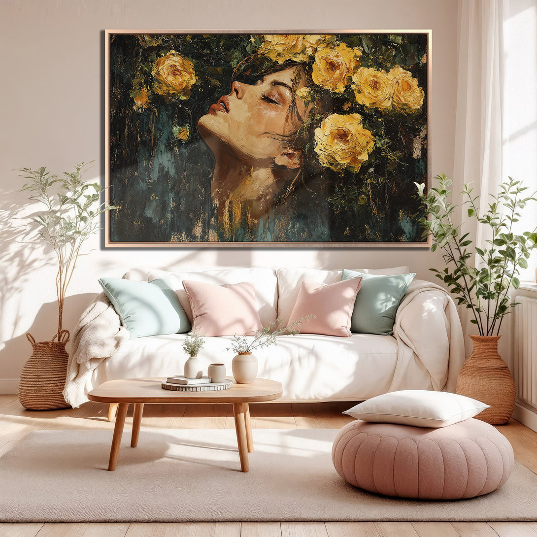 Framed Wall Art: Woman with yellow flower crown. Elegant oil painting style with rich gold, teal, and warm tones. Perfect for living room decor.