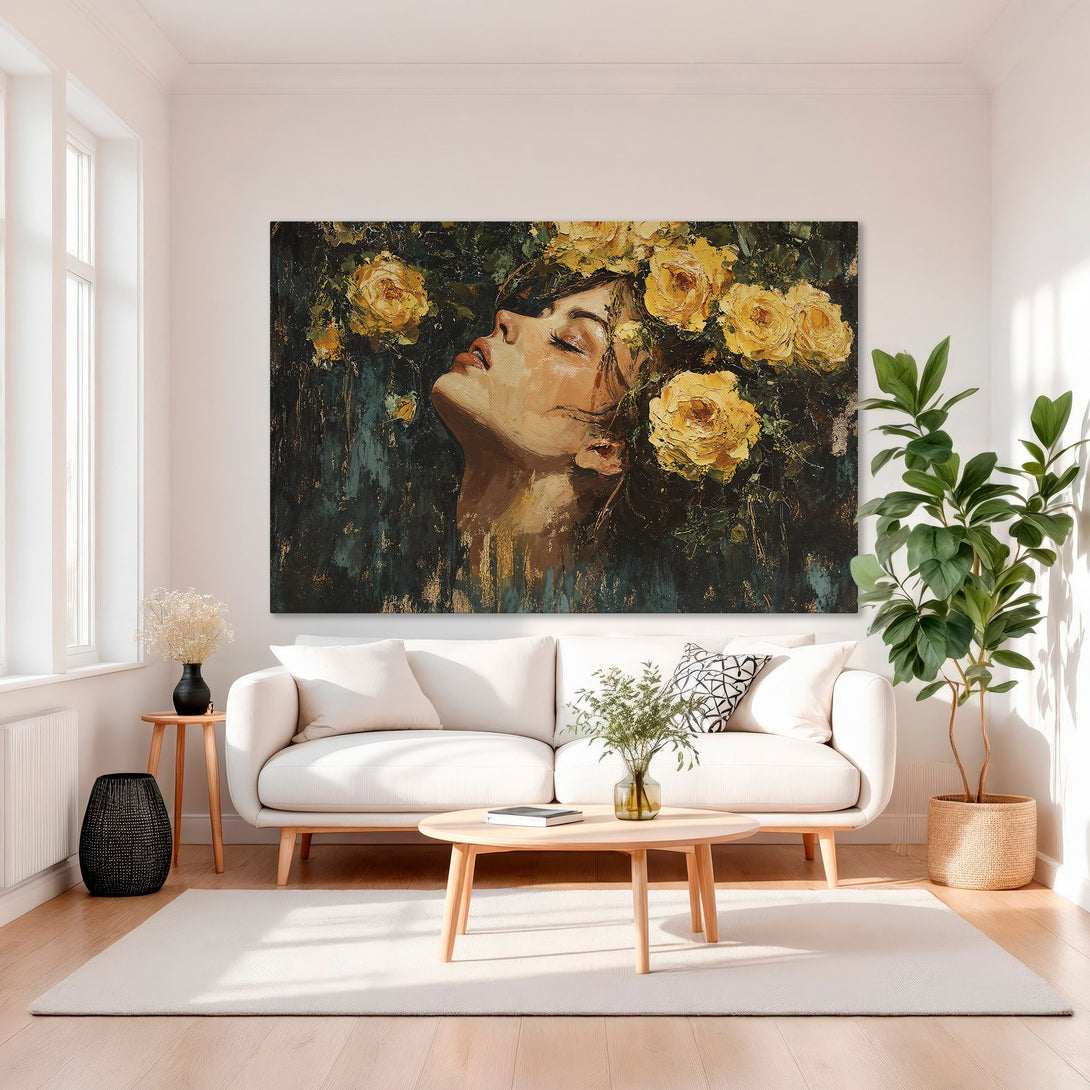Framed Wall Art: Elegant portrait of a woman with yellow roses, oil painting style. Features warm, rich colors. Perfect for living room decor.