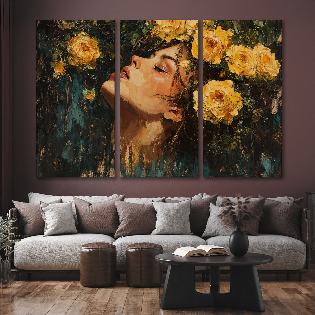 Canvas Print of a woman with yellow roses, oil painting style, rich teal, gold, and ochre color palette, perfect for home decor.