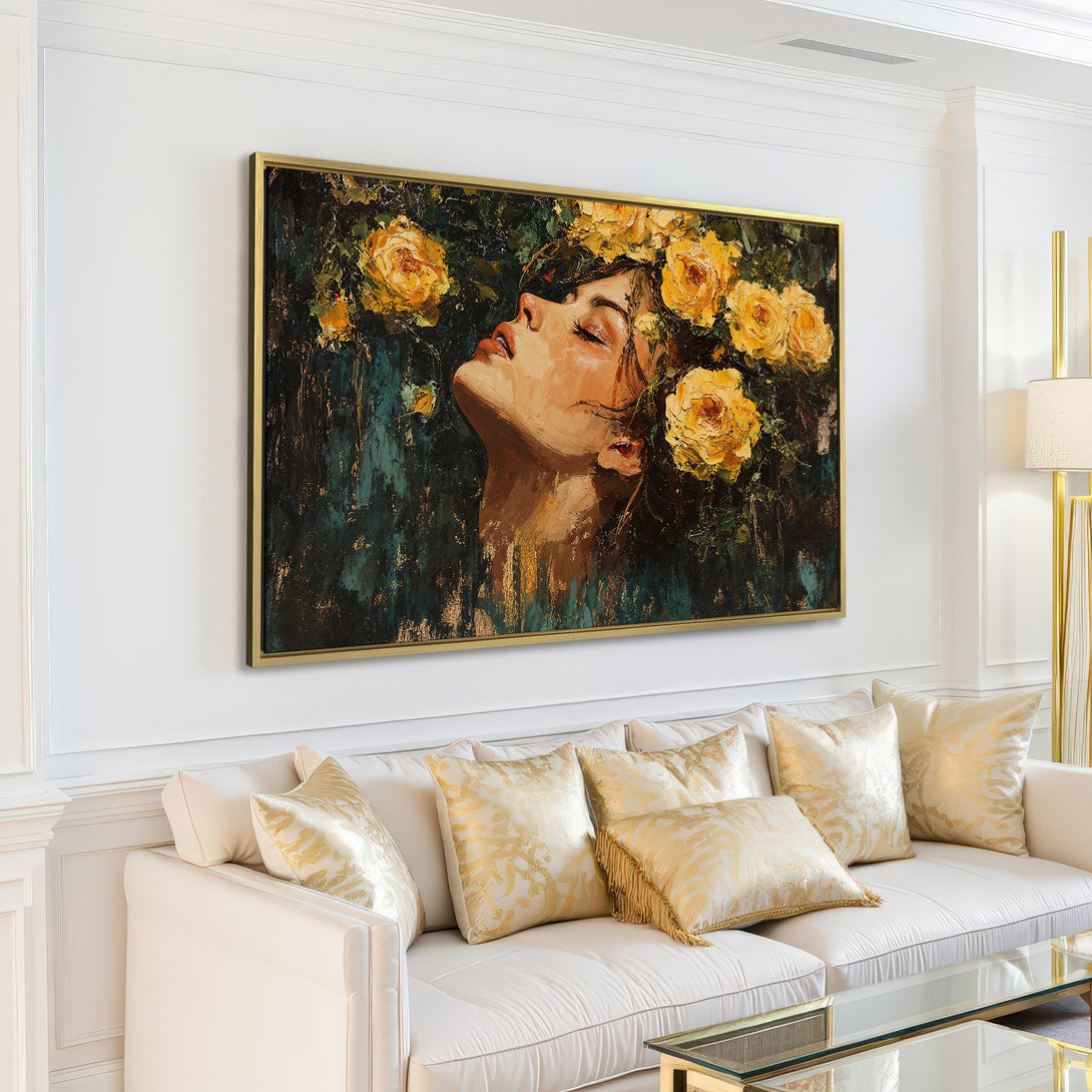 Canvas Print: Elegant woman with yellow roses, oil painting style, displayed in a modern living room with a neutral color palette.