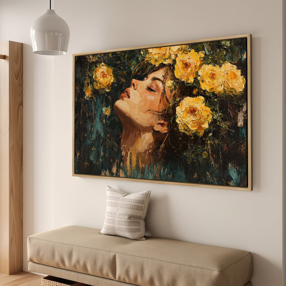 Framed Wall Art: Woman with flowers Canvas Print. Oil painting style, featuring a woman with yellow roses, in a dark teal and gold color palette.
