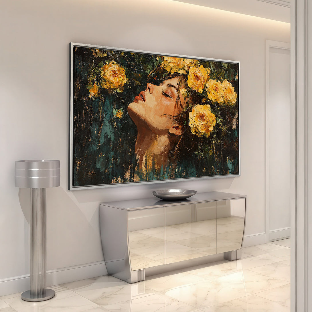 Framed Wall Art featuring a woman with roses, painted in a vibrant, impressionistic style. Yellow, green, and teal color palette. Perfect for home decor.