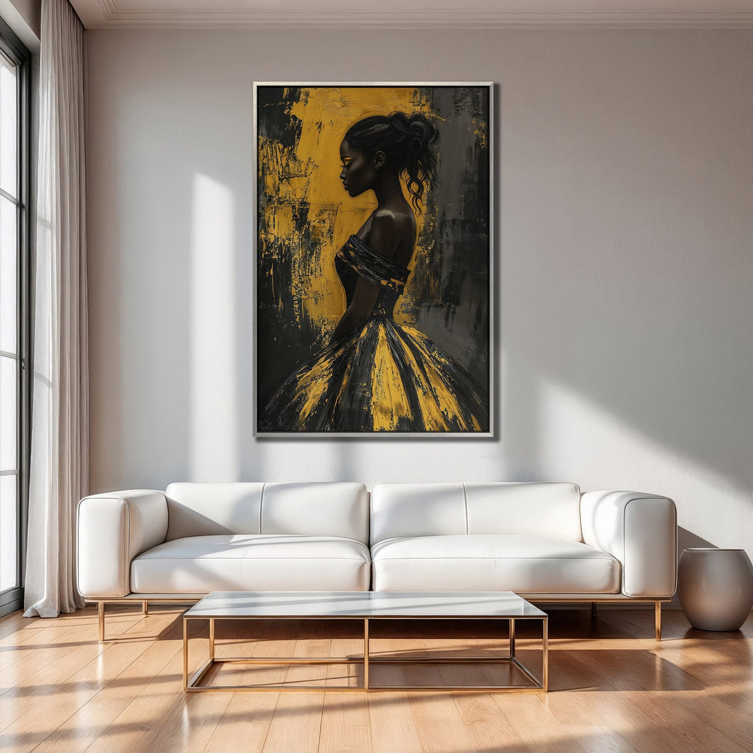 Framed Wall Art featuring an elegant woman in a black and gold abstract painting. Modern art canvas print with a striking color palette, perfect for home decor.