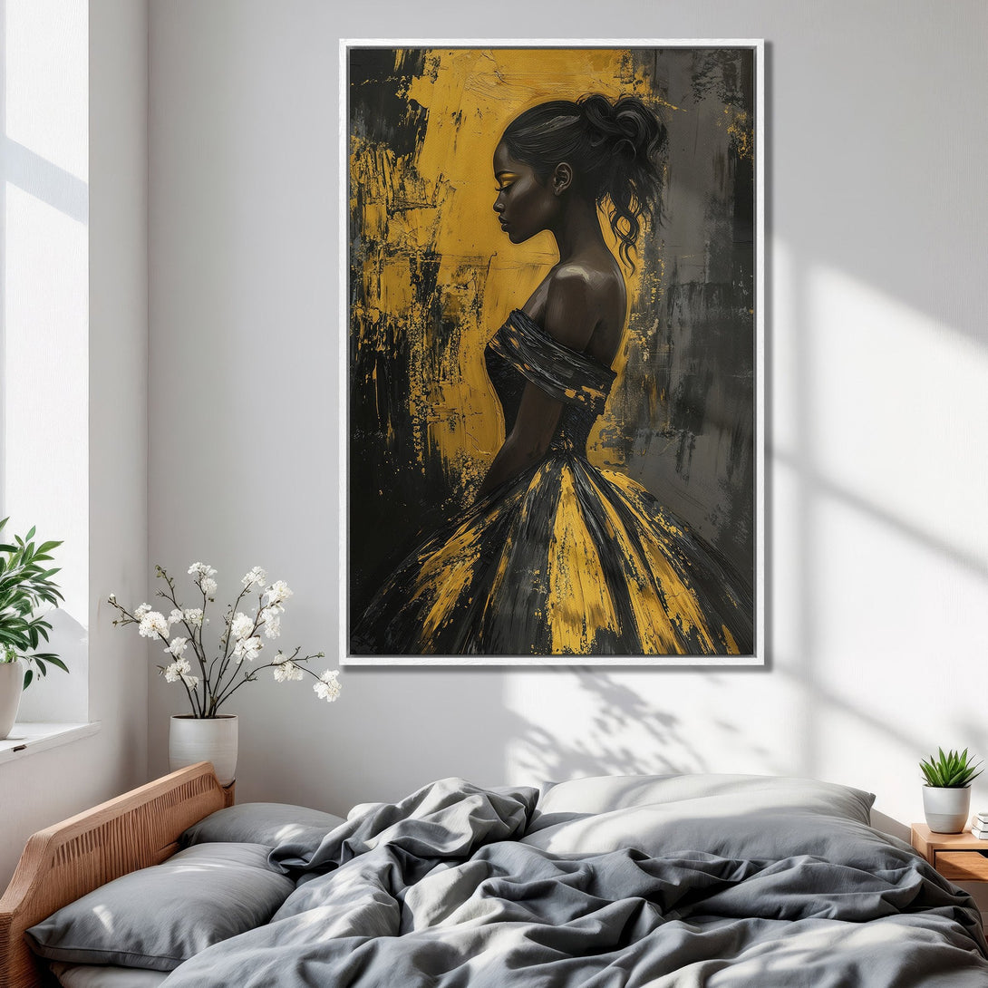 Framed Wall Art featuring an elegant woman in a black and gold dress. Abstract style with a warm, luxurious color palette. Perfect bedroom decor!
