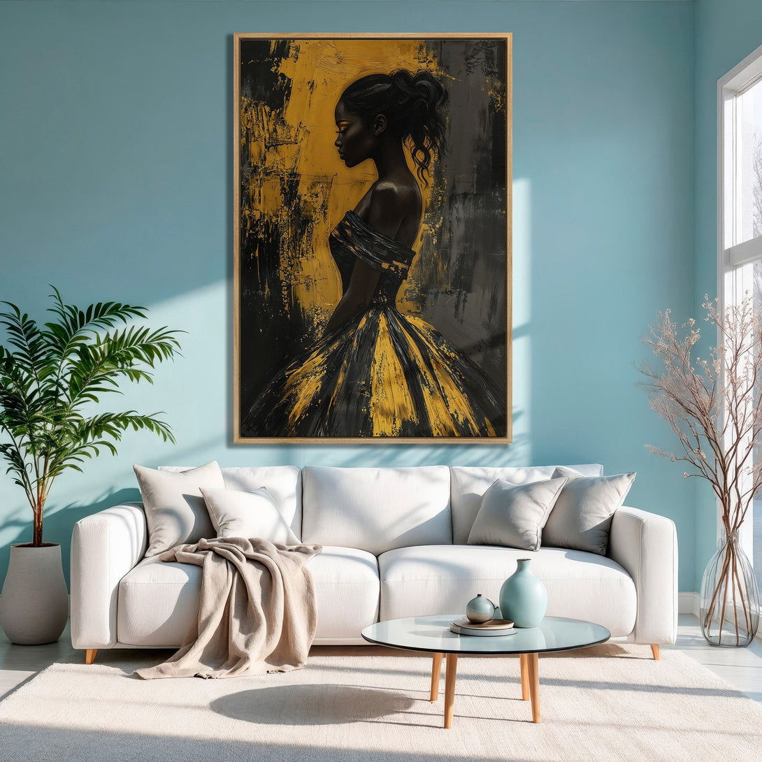Framed Wall Art: Abstract portrait of a woman in gold and black, displayed in a modern living room with a teal wall.