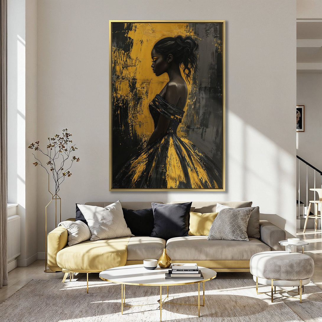 Canvas Print of a woman in a yellow and black dress. Modern art style with a gold and black color palette. Perfect wall decor.