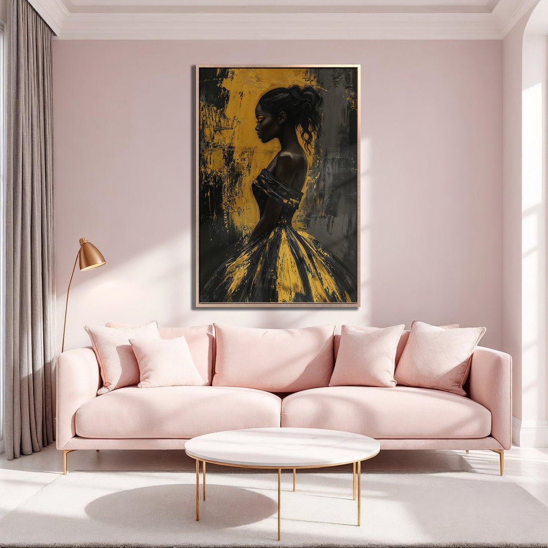 Framed Wall Art featuring an elegant woman in a gold and black dress. Abstract art style with a striking gold, black, and gray color palette. Perfect for interior decor.
