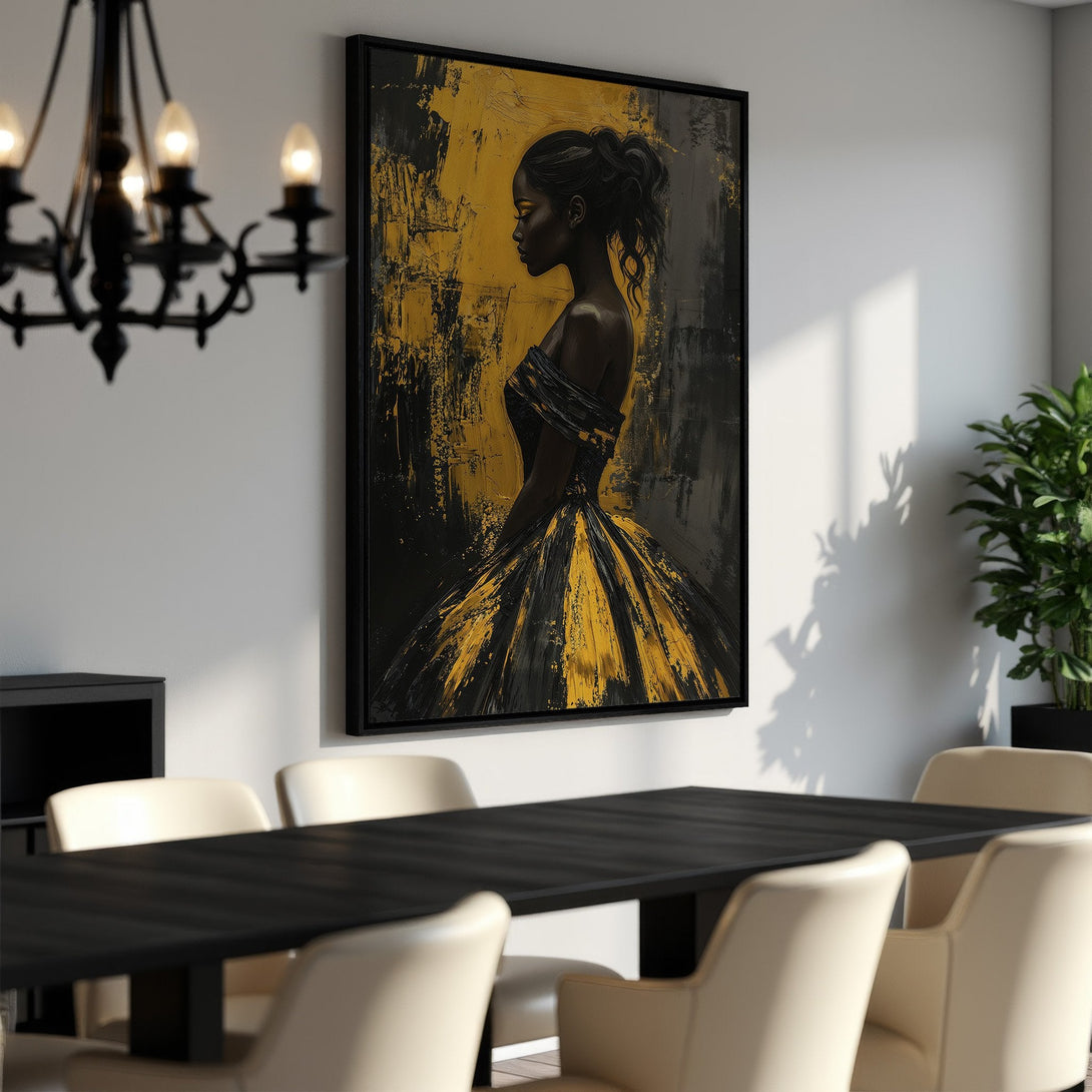 Framed Wall Art featuring an elegant woman in a black and gold dress. Modern abstract style with a striking black, gold, and gray color palette. Perfect for any room!