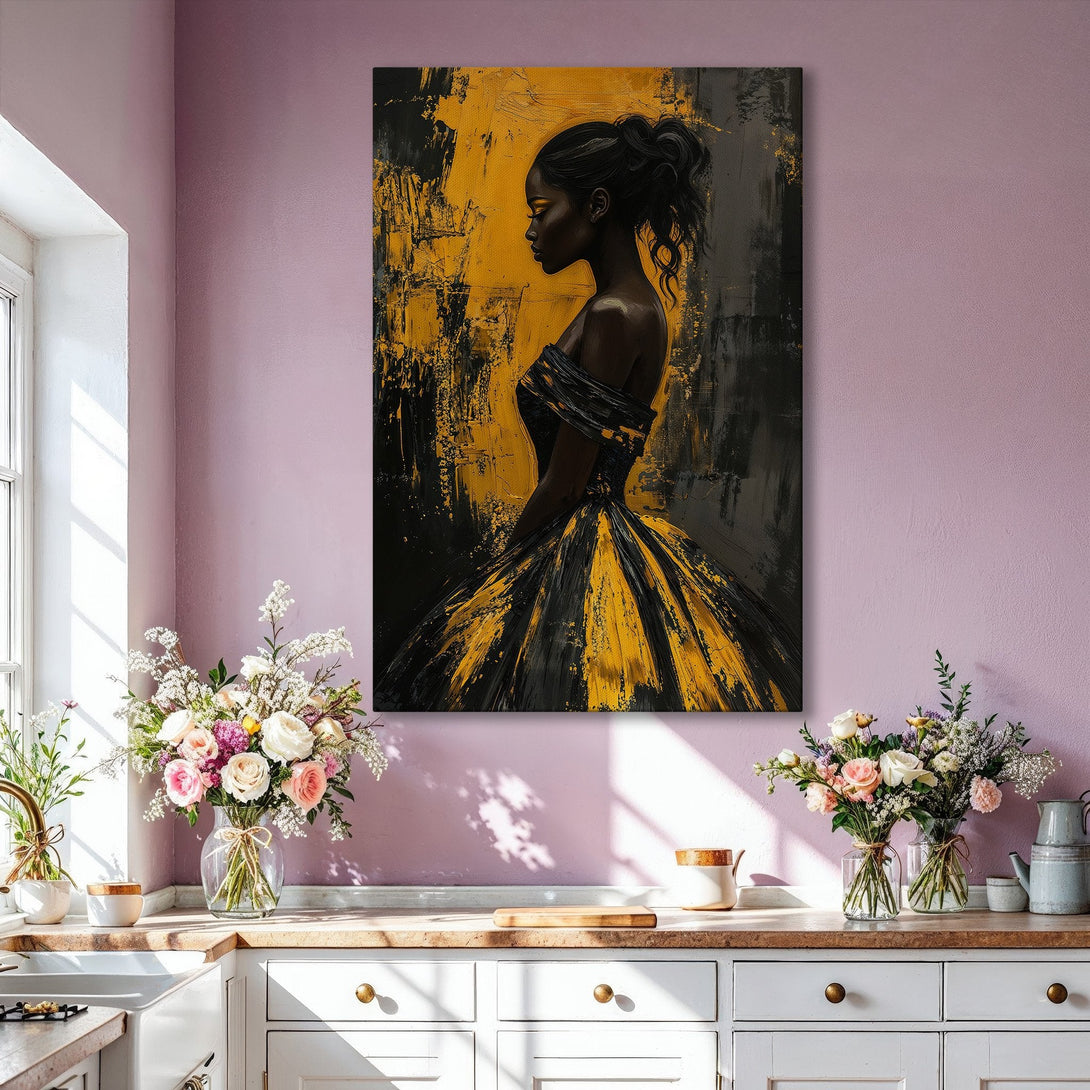 Framed Wall Art: Abstract portrait of a woman in black and gold. Modern style canvas print with a luxurious color palette. Perfect for home decor.