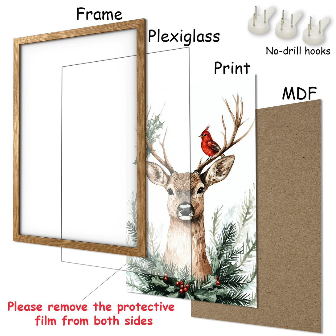 Framed Poster featuring a watercolor deer & cardinal in a rustic style with a warm, natural color palette. Perfect for holiday decor!