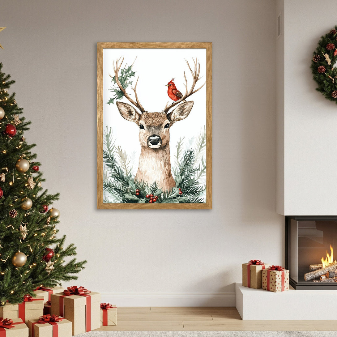 Framed Poster featuring a watercolor deer with a red bird, perfect for holiday decor. Earthy tones and festive style.