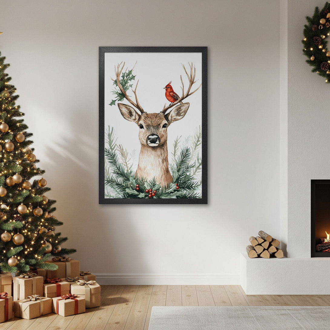 Framed Poster featuring a watercolor deer with a red bird, perfect for Christmas decor. Neutral palette with green & brown tones.
