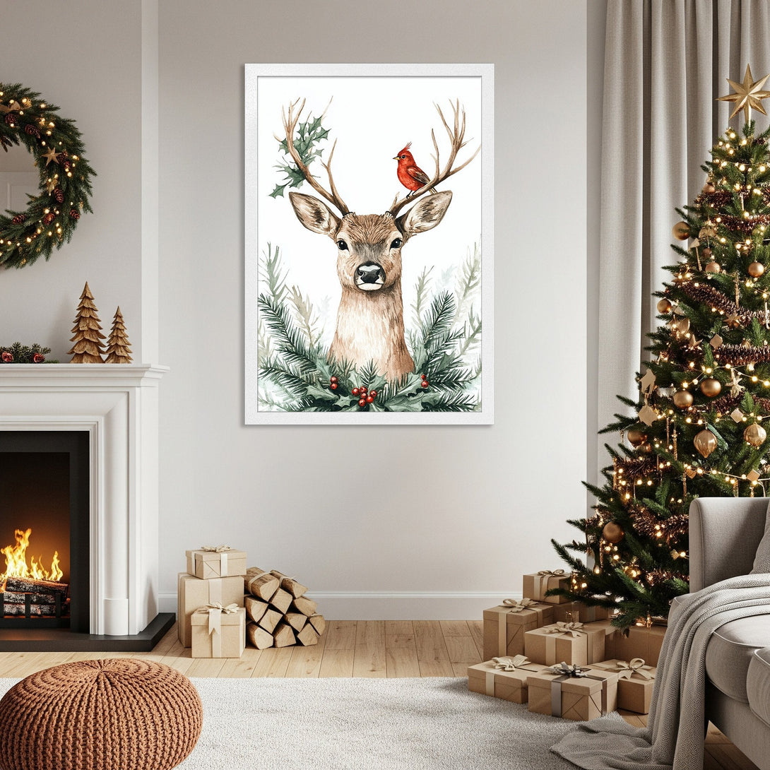 Framed Poster featuring a watercolor deer with a red bird, perfect for Christmas decor. Soft, neutral color palette.