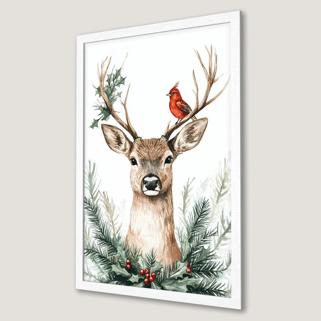 Framed Poster featuring a watercolor deer with a red bird, surrounded by greenery. Earthy tones with pops of red. Perfect for holiday decor!