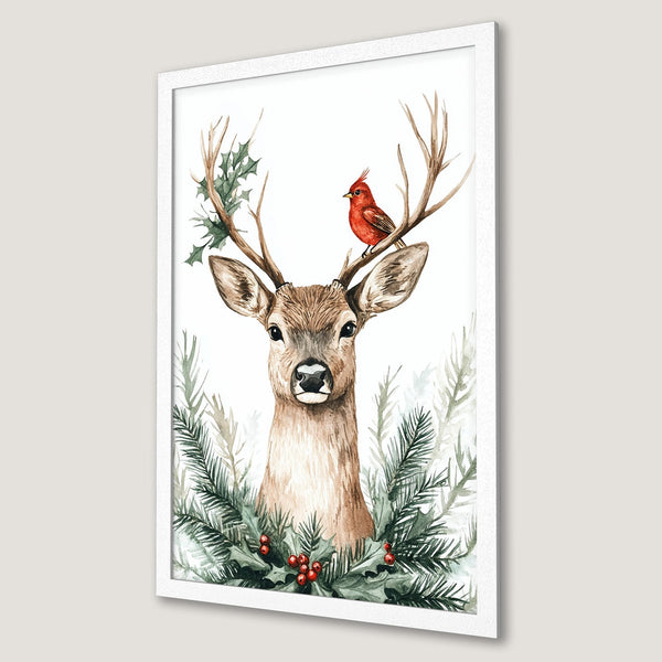 Framed Poster featuring a watercolor deer with a red bird, surrounded by greenery. Earthy tones with pops of red. Perfect for holiday decor!