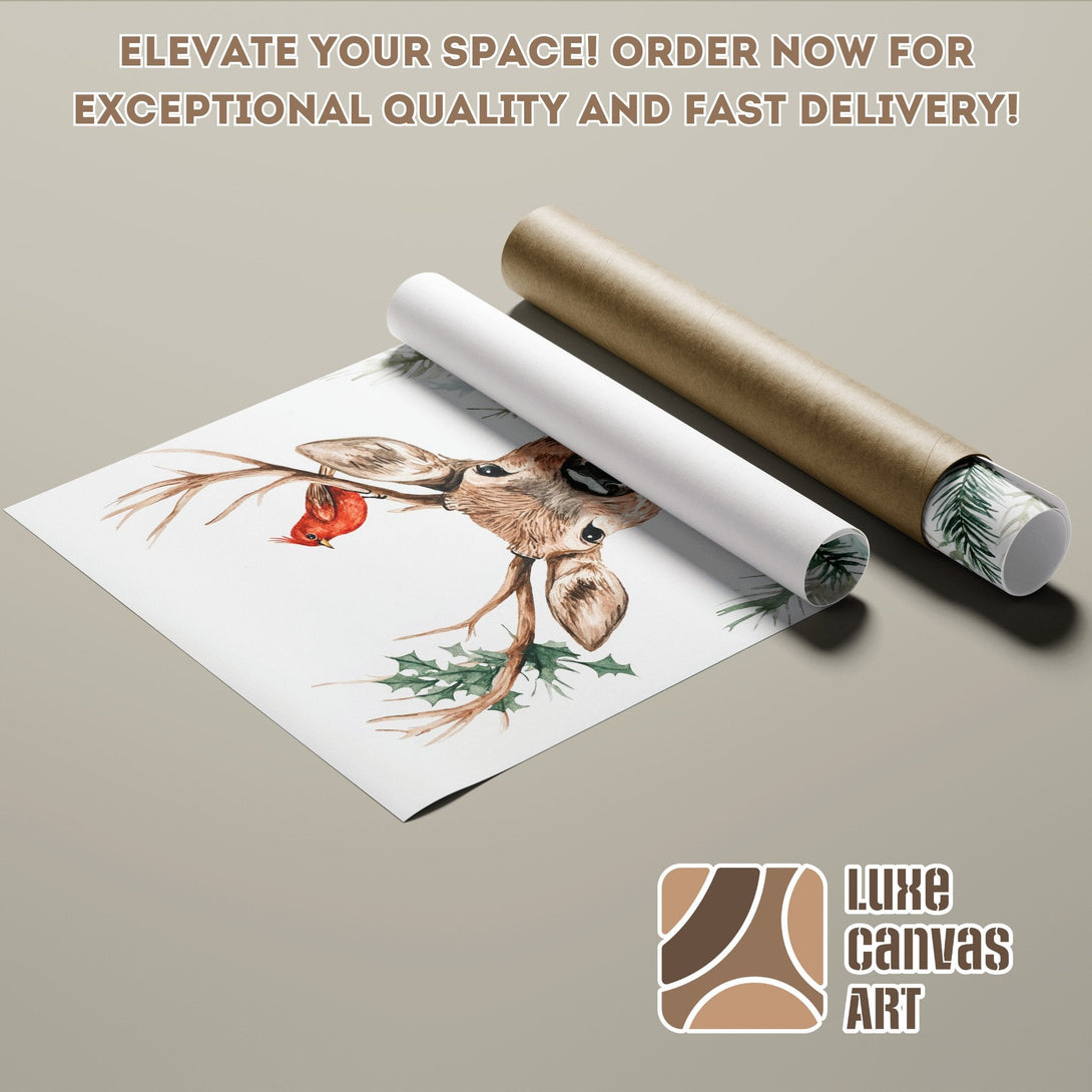 Watercolor deer and bird Poster Roll in neutral tones. Elevate your space with our stunning art! Order now!