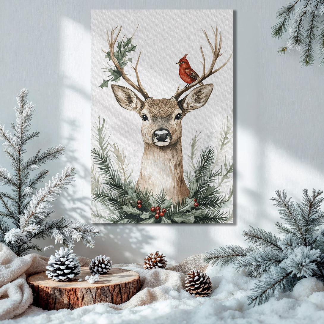 Framed Wall Art: Watercolor deer with cardinal, festive holiday decor. Earth tones, red accents, and green foliage. Cozy Christmas interior.