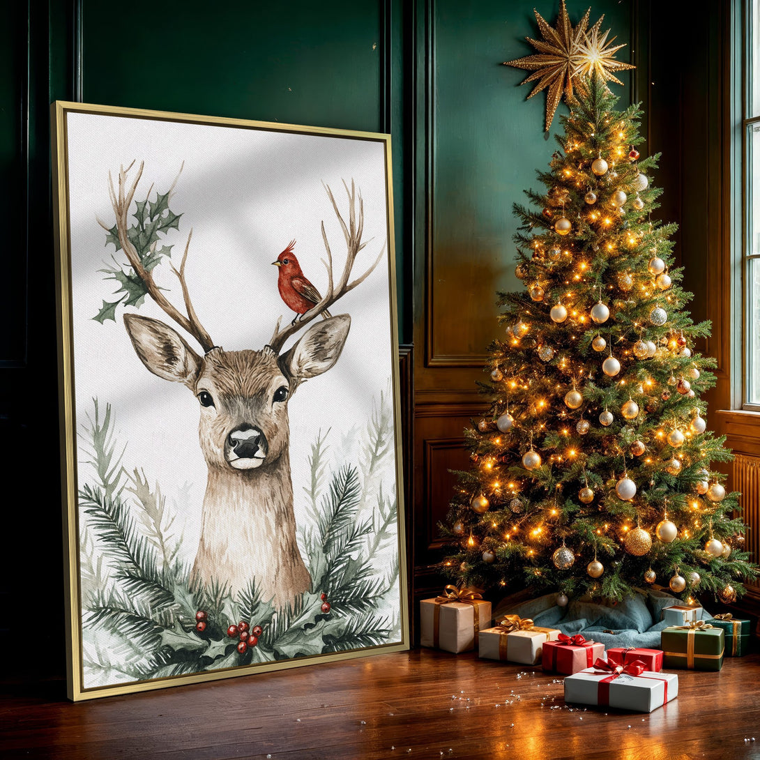 Watercolor Canvas Print of a deer with a red bird, featuring a festive winter palette of greens, browns, and reds. Perfect holiday wall art!