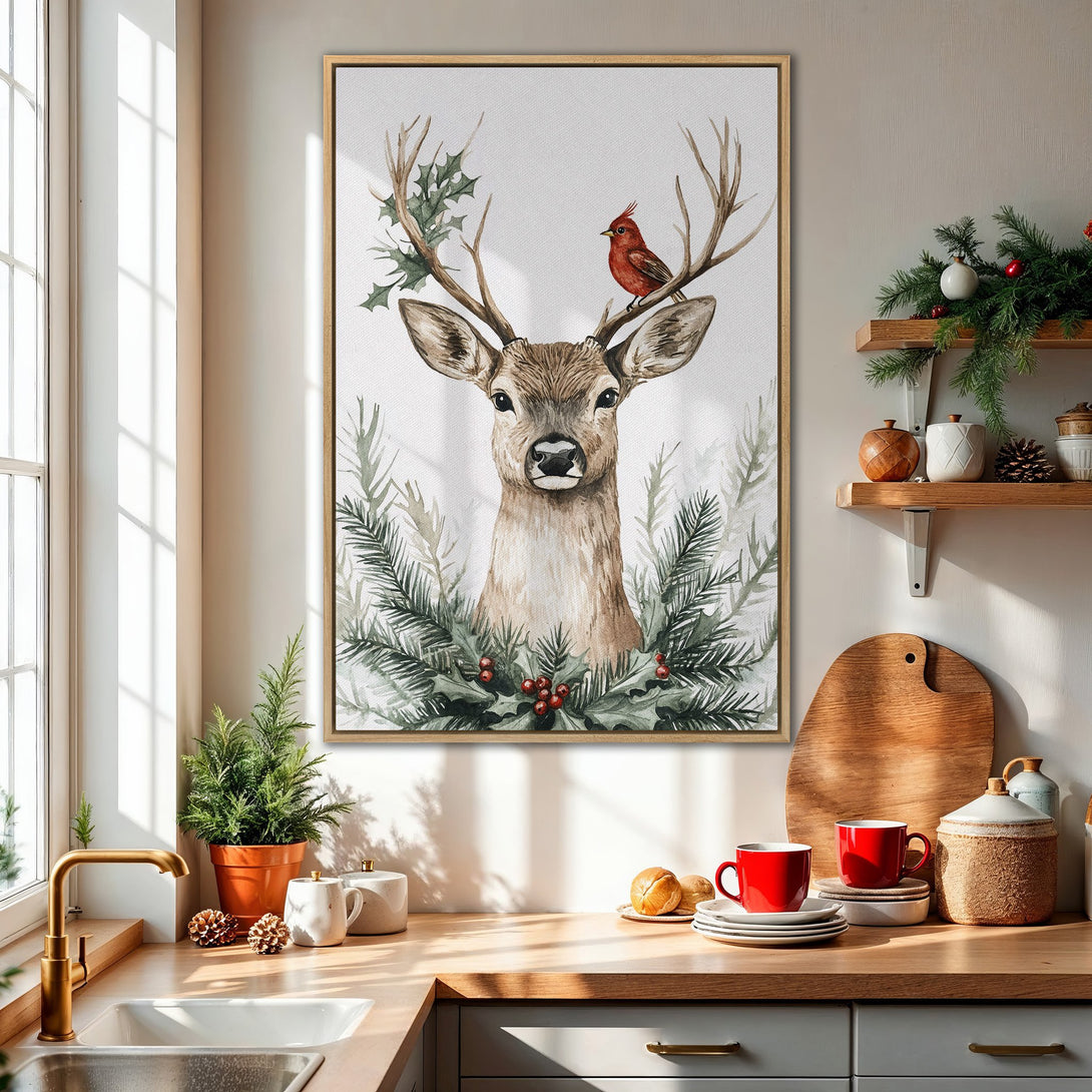 Framed Wall Art: Watercolor deer with cardinal, festive greenery & berries. Earthy tones with pops of red. Perfect for holiday decor!