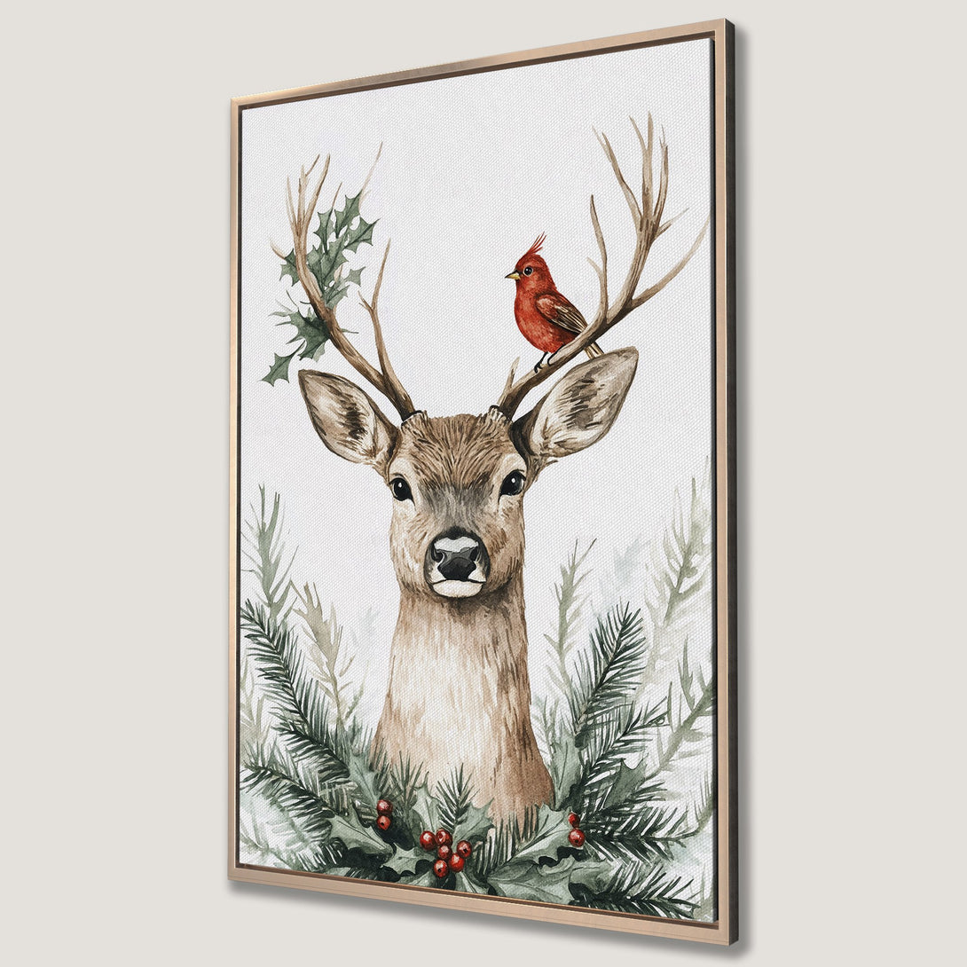 Framed Wall Art: Watercolor deer with red bird, festive holiday art. Neutral color palette with green foliage. Perfect for Christmas decor.