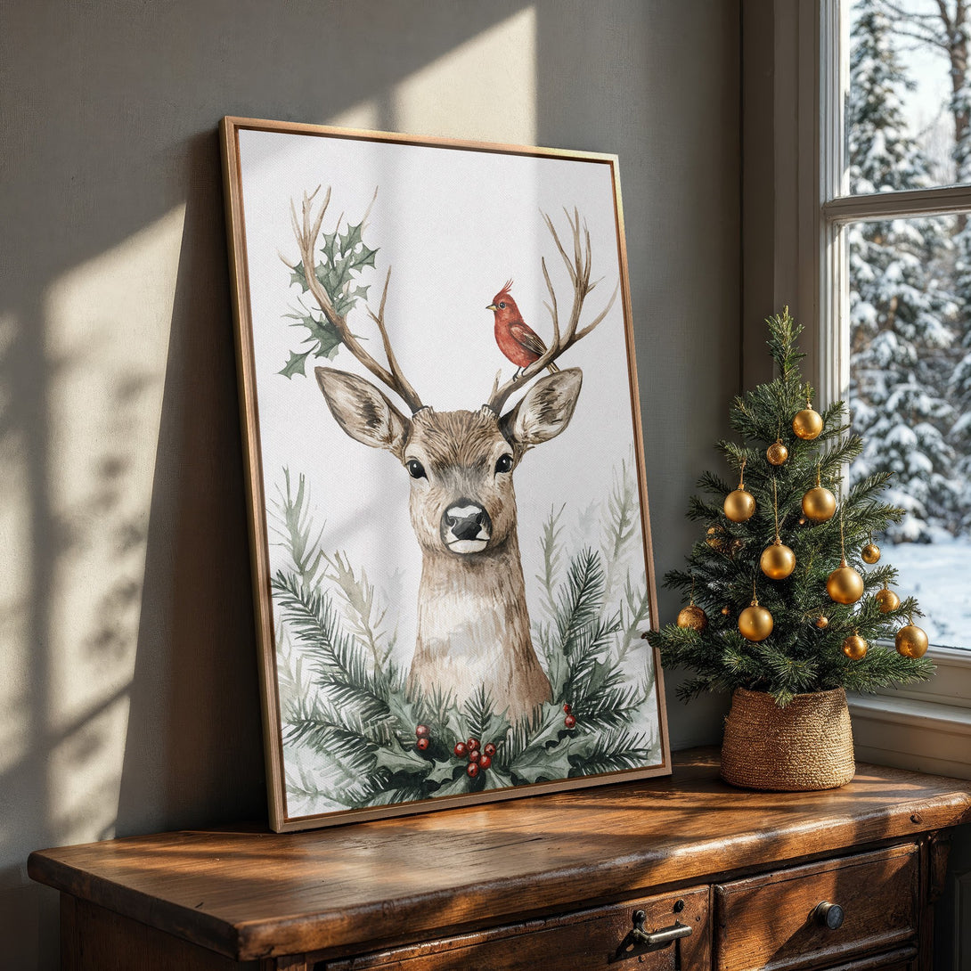 Framed Wall Art featuring a watercolor deer with a cardinal, in a rustic style with a warm, earthy and green color palette. Perfect for cozy decor!