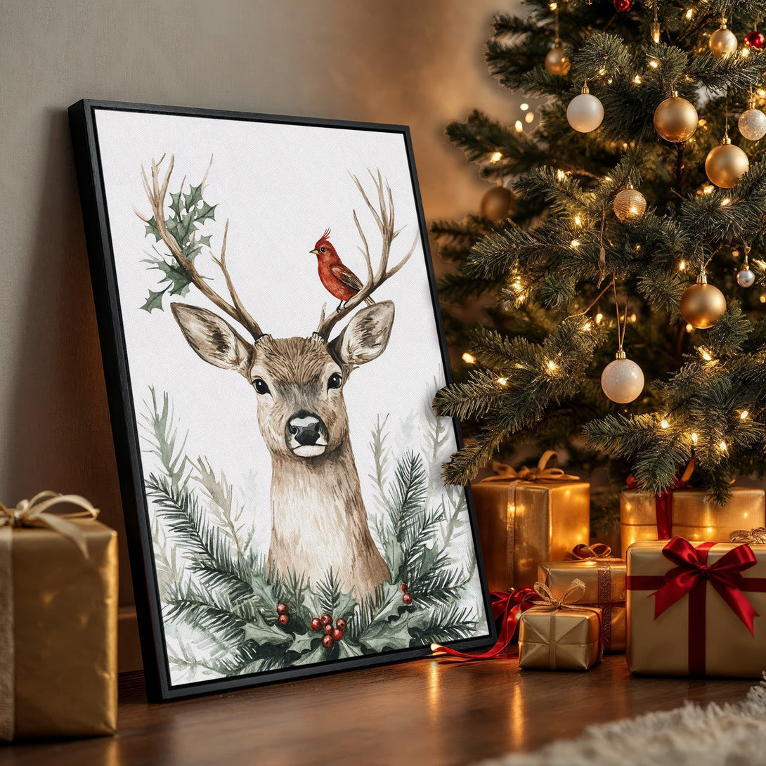 Framed Wall Art featuring a watercolor deer with a red bird, festive holiday decor. Earthy tones with pops of red and green. Perfect Christmas gift!