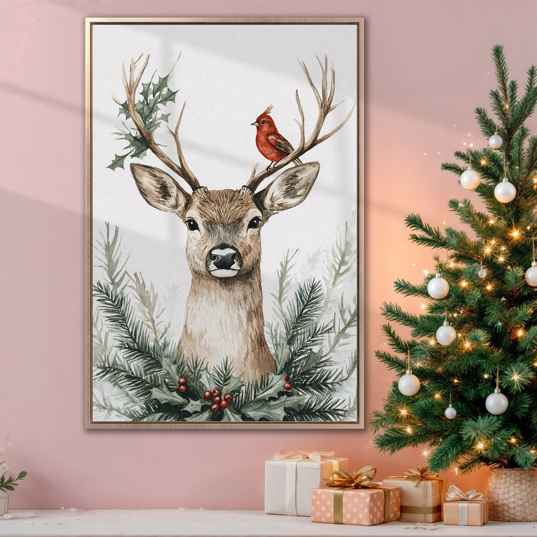 Framed Wall Art: Watercolor deer with a red bird, festive holiday decor. Warm neutral & green tones, perfect for Christmas. Shop now for seasonal home accents!