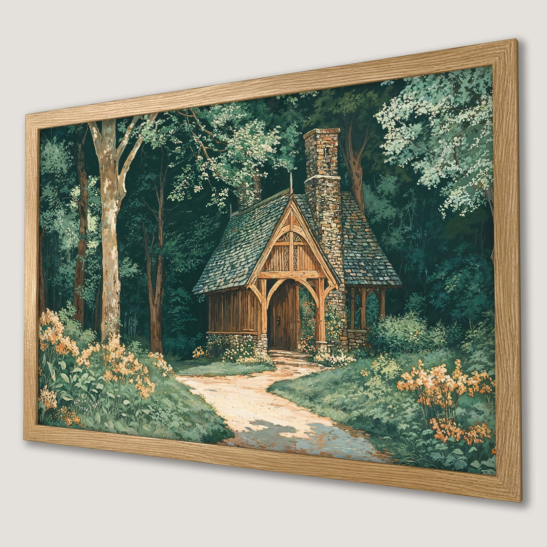 Framed Poster of a serene forest scene with a wooden cabin. Earthy tones and a vintage style create a calming atmosphere. Perfect for home decor.