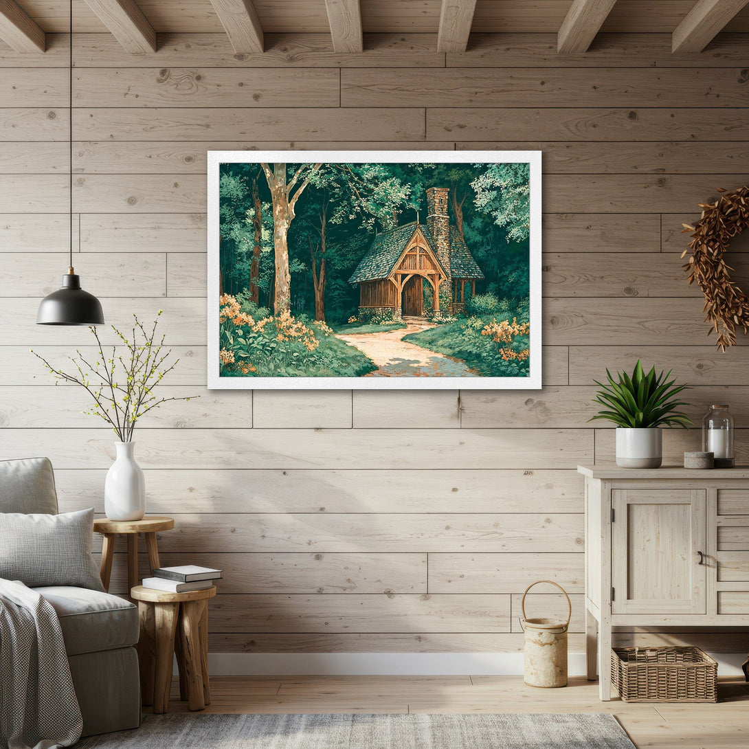 Framed Poster featuring a serene forest scene with a cabin. Watercolor style, green and brown tones, perfect for home decor.