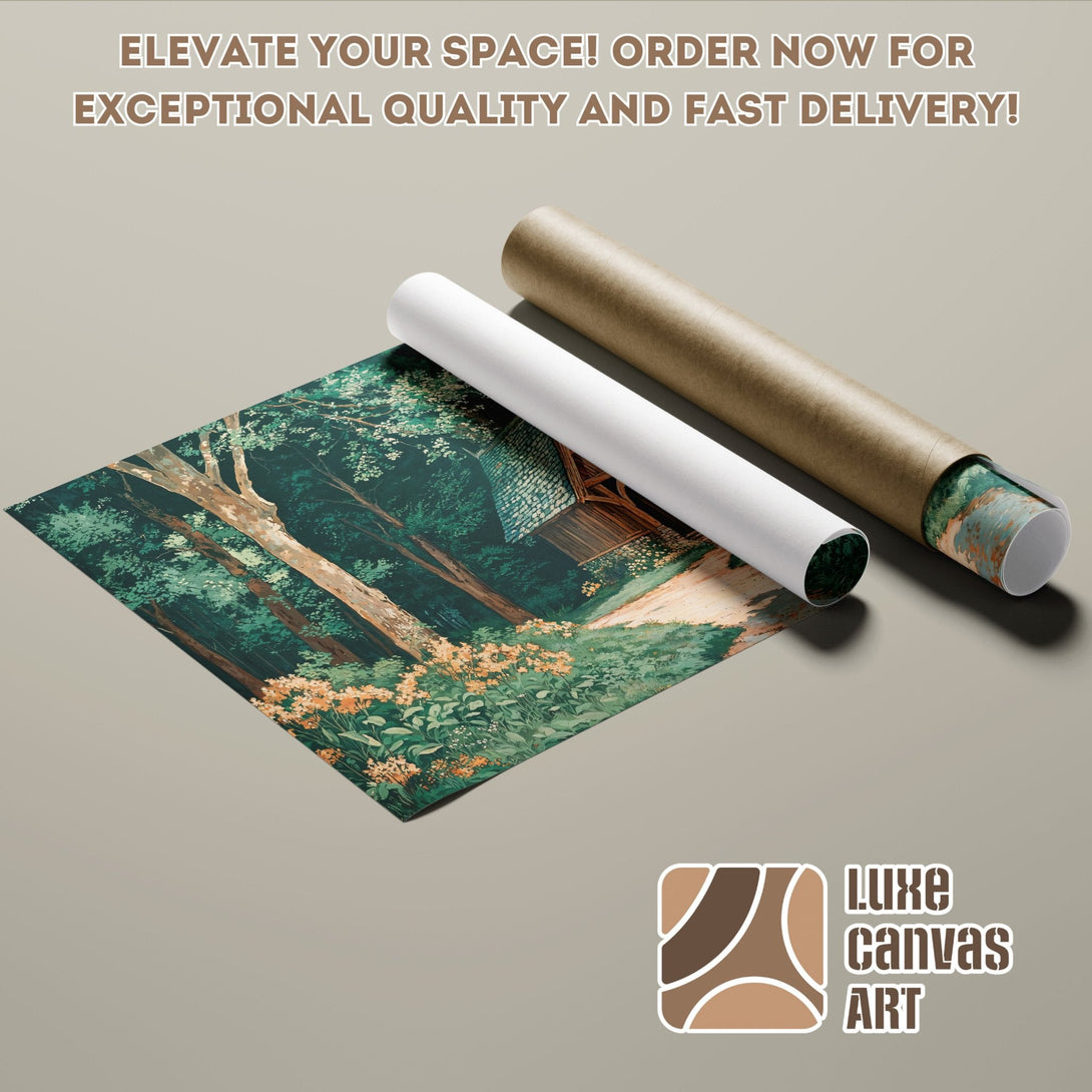 Poster Roll featuring a serene forest scene in green and orange tones. Elevate your space!