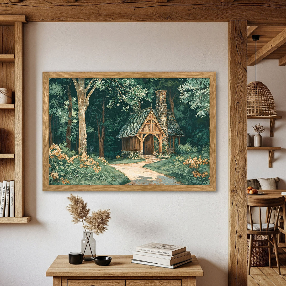 Framed Poster featuring a forest cottage illustration in a serene, watercolor style with a green and earthy color palette.